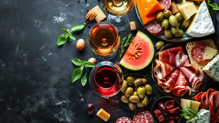 Italian antipasti wine snacks set. Brushettas