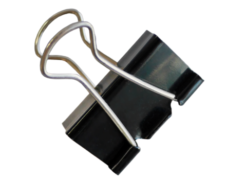 A black metal binder clip stationery for paper, office equipment, school or home supply, isolated cutout, transparent background, element