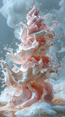 Flying art cake layers with whipped cream on wooden table, blue background. Birthday cake in freeze motion,food levitation. AI Generative