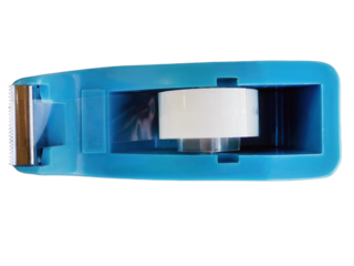 Adhesive tape dispenser, blue color tape holder, stationery item with transparent background, office supply, cutout, isolated, using for element or object