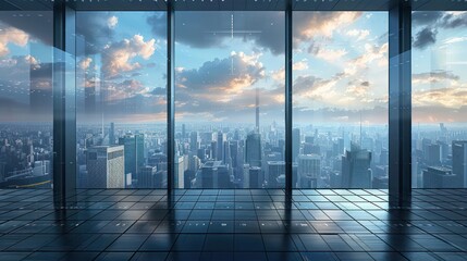 empty office, skyline over the buildings, grandiose cityscape views, clear sky