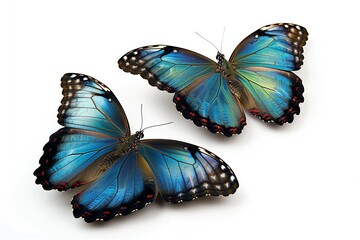 Set two beautiful blue turquoise tropical butterflies with wings spread and in flight isolated on white background, close-up macro.