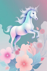 Enchanting fairytale unicorn with rainbow-colored mane in a soft pastel shades fairy-tale floral land.
