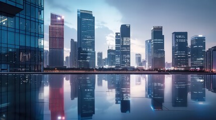 Fototapeta premium skyline building, river water reflection, clear sky