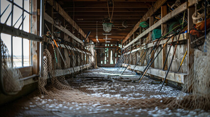 Fototapeta premium Empty fishing gear shed with racks for rods and nets, all conspicuously absent, a salty air filling the space.