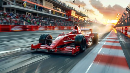 Red Formula Race Car On Track At Sunset With Motion Blur Showcasing High Speed, Motorsport Power, Adrenaline, And Championship Victory