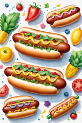 Watercolor composition of fast food hot dog funny cartoon characters.