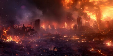 City in ruins engulfed in flames aftermath of an apocalyptic disaster. Concept Post-apocalyptic scene, Destroyed cityscape, Flames and smoke, Abandoned buildings, Dystopian landscape