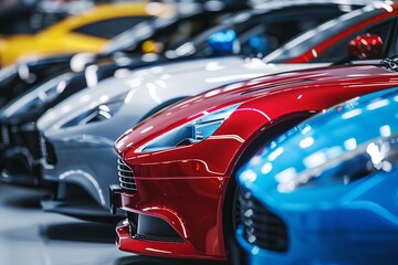 Fototapeta premium Vivid scene of a car show during the day. Sales of new cars