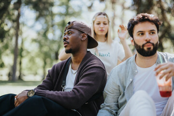 A multi-ethnic group of three friends relax and engage in a conversation in a serene park setting,...