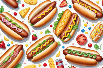 Watercolor composition of fast food hot dog funny cartoon characters.