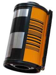 Realistic vintage 35 mm. camera photo film roll cartridge container isolated cutout on transparent...