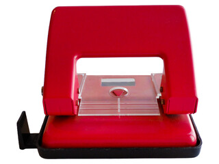 Stationery paper hole puncher in red color, office equipment, school or home supply, isolated...