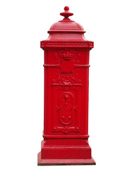Vintage cast iron pillar letter mail box or post box or parcel drop box in red color, isolated...