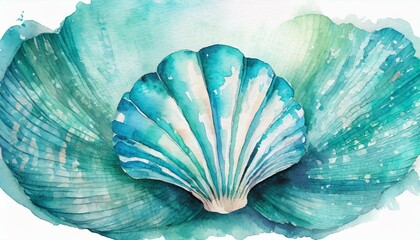 Watercolor illustration of seashell, turquoise and teal colors, white background 