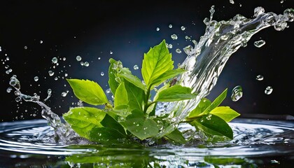 Water splash with green plants and drops.  - Powered by Adobe