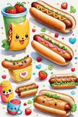 Watercolor composition of fast food hot dog funny cartoon characters.