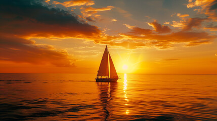 Sailboat Sailing at Sunset on Calm Ocean Waters