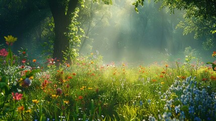 A lush meadow filled with vibrant wildflowers is bathed in the soft, golden light of morning. Rays of sunlight filter through the leaves of tall, mature trees, creating a serene, dappled light effect. © Jesse