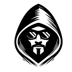 Mysterious Hooded Hacker in Black and White – Vector Illustration on Cybersecurity, Anonymity, and Digital Safety