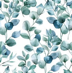 Watercolor eucalyptus and greenery seamless pattern, white background, fine art print, delicate watercolor illustration in the style of soft green leaves