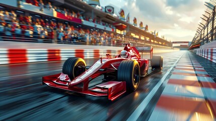 Red Formula 1 Car Front View Racing On Track With Speed And Precision, Motorsport Power, Adrenaline, Focus, And Victory Celebration