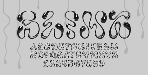 3D Y2K style font with fluid abstract wavy shapes of dripping liquid melted black metal or ink. Set of isolated vector alphabet letters and numbers for typography design, banners, posters, or prints