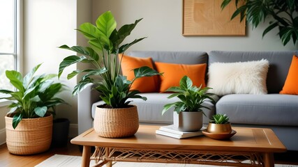 Rustic wooden coffee table with a lush, green houseplant and a woven wicker basket placed near a cozy grey sofa in a bright, airy living room