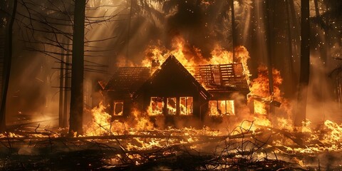 A house engulfed in flames in a forest during a natural disaster. Concept Natural Disaster, Forest Fire, Emergency Response, Evacuation, Environmental Destruction