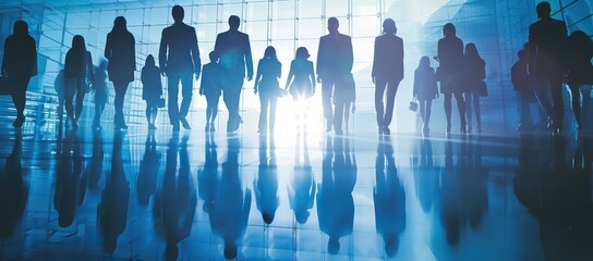 business people and women future technology silhouettes in blue suits standing together, future technology