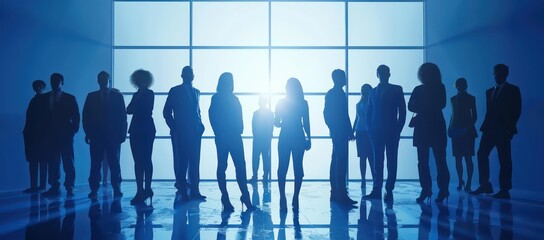 business people and women future technology silhouettes in blue suits standing together, future technology