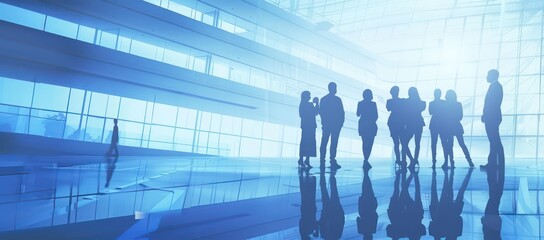 business people and women future technology silhouettes in blue suits standing together, future technology