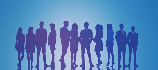 business people and women future technology silhouettes in blue suits standing together, future technology