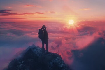 Triumph Over Addiction: Individual at Sunrise on Mountain Summit