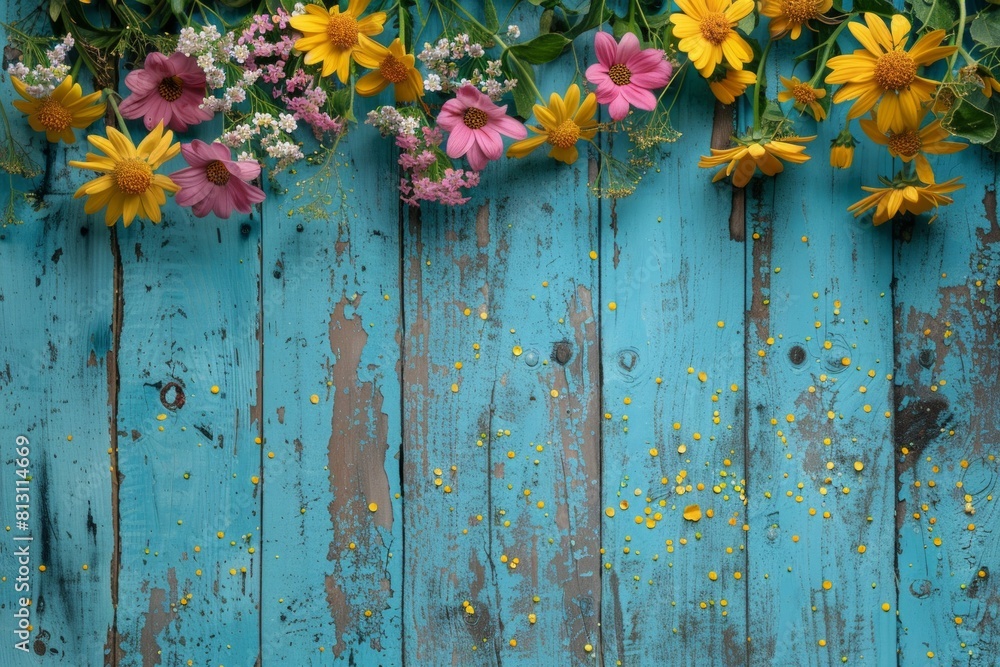 Poster a wooden fence is transformed into a colorful masterpiece with an array of blooming flowers in full 