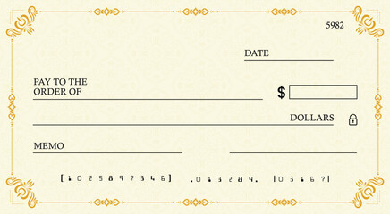 Blank bank check, checkbook cheque template or money payment paper voucher, vector mockup. Business or personal account cash pay cheque certificate or paycheck coupon from checkbook