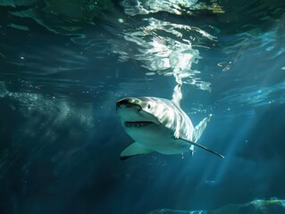 Fototapeta premium White shark with closed mouth is turning underwater, blue water