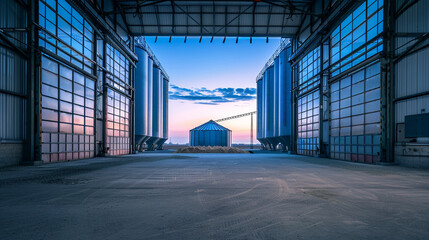 Empty grain storage shed with tall silos visible through open doors, devoid of any grain, under a twilight sky.