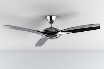 A stylish chrome ceiling fan with a three-blade design and integrated LED lighting isolated on a solid white background.