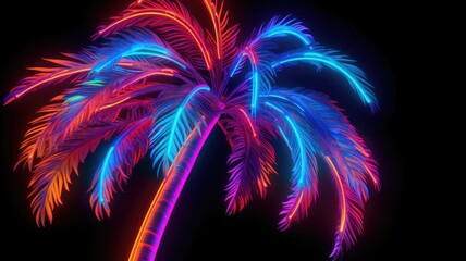 Neon palm tree silhouette on a dark background. A picture of glowing neon light in palm tree shape with vibrant color. Vivid image for party themes, tropical design, and vibrant posters. AIG35.