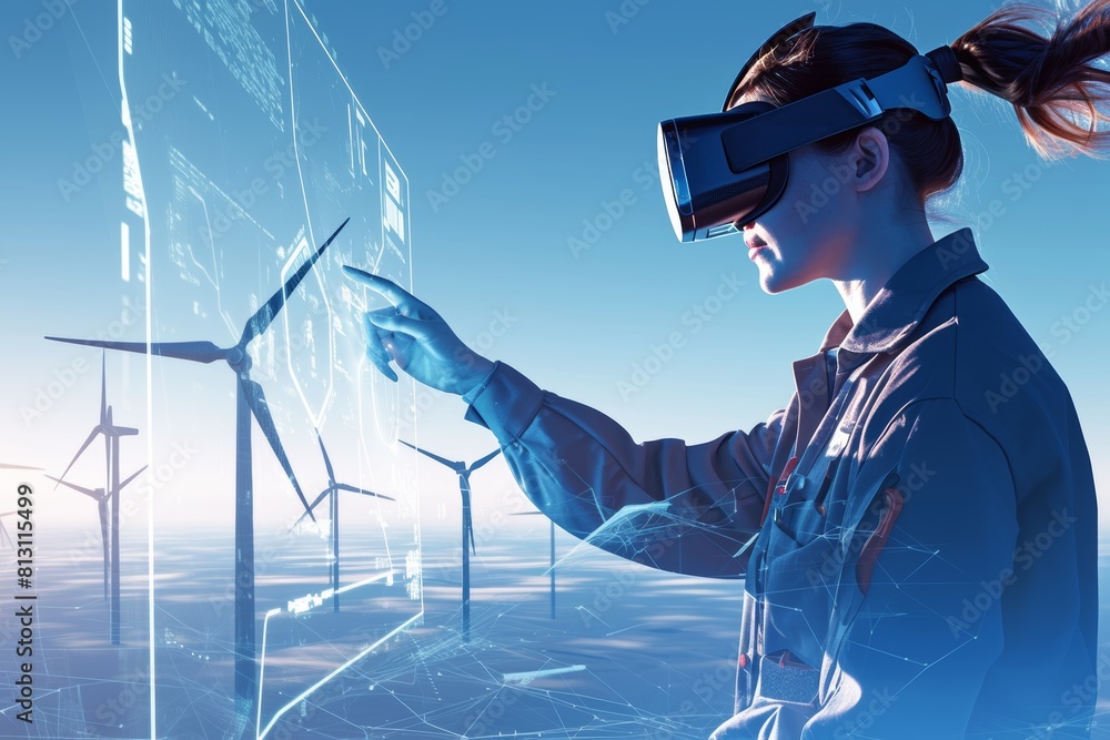 Poster female engineer using vr technology to optimize wind turbine efficiency