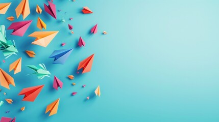 Naklejka premium A blue background with a bunch of colorful paper airplanes scattered around it with copy space