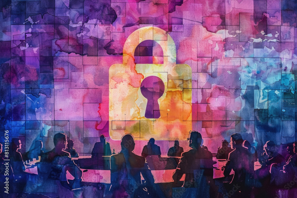 Poster a group of individuals seated around a table, with a padlock visible in the background. they appear 