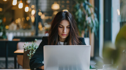 Professional female employee or a businesswoman using a laptop in a modern office