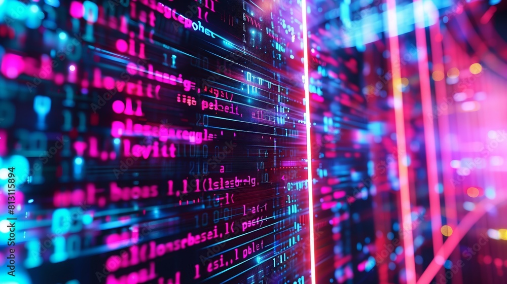 Poster neon-lit hacker code background, ideal for tech projects.