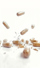 Herbal Capsules Exploding with Natural Contents on White