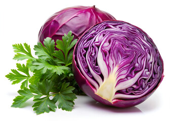 Purple cabbage and parsley leaves isolated on white background cutout