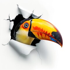 A bright, colorful toucan peers curiously through a hole in a white background.