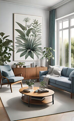 Accent minimalist interior design of a modern living room in constructivist style, background for smartphone and advertising