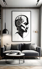 Accent minimalist interior design of a modern living room in constructivist style, background for smartphone and advertising